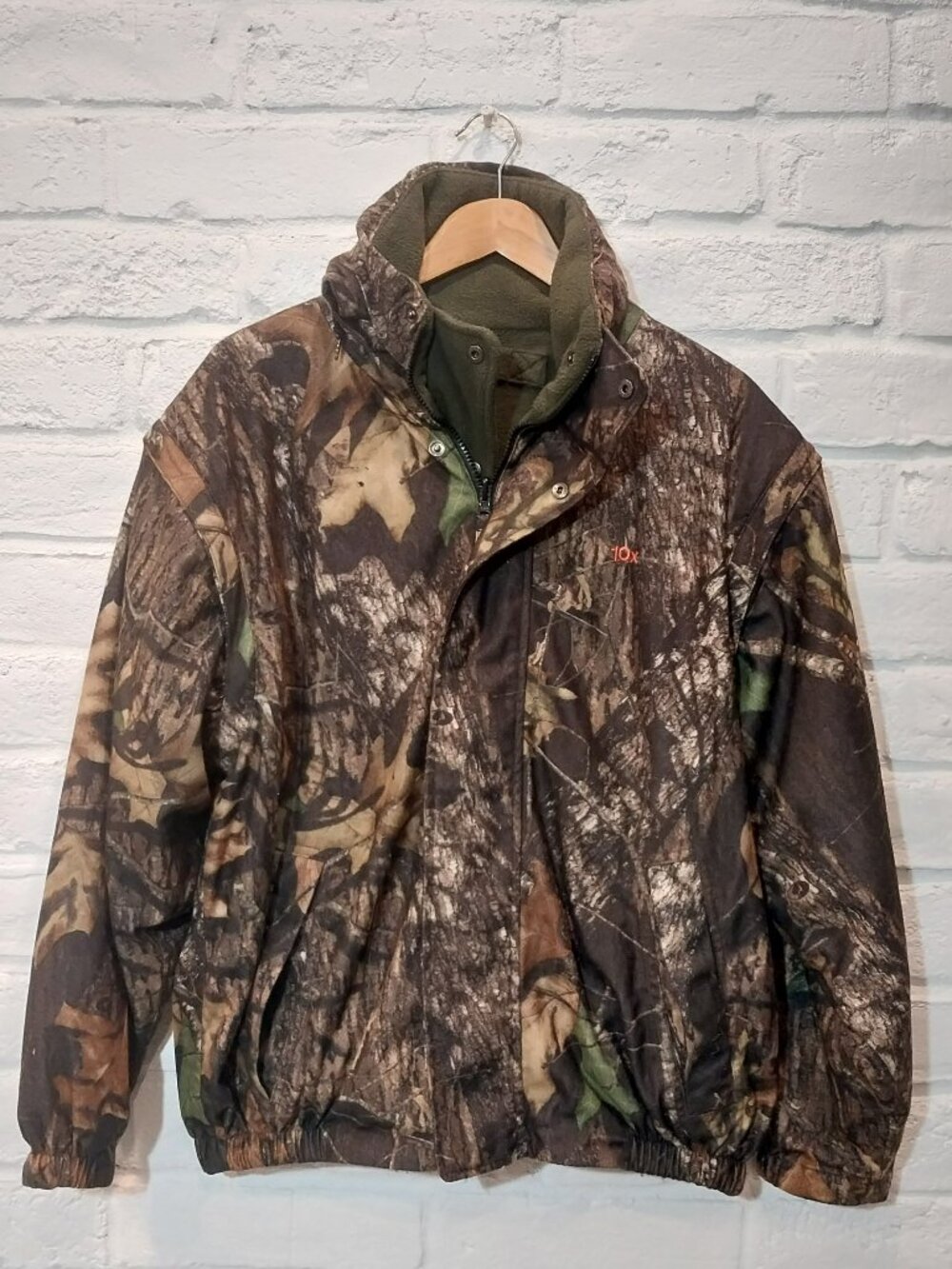 Vintage 10X Camo Fleece Jacket Men XL Realtree Hood Reversible Removable Sleeves